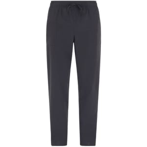 Dark grey pants featuring an elastic waistband and drawstring, with pockets on the front.