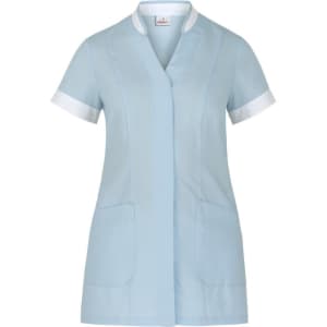 A light blue tunic with short sleeves and white trim, featuring two front pockets and a simple collar.