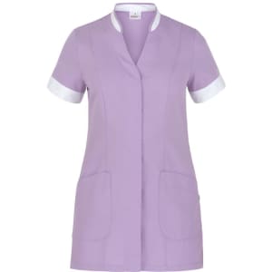 A lavender tunic with short sleeves and white trim, featuring pockets and a collar. It has a branding logo.