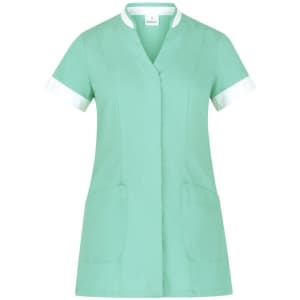 A mint green tunic with short sleeves, featuring white cuffs and two front pockets. It has a logo on the neckline.