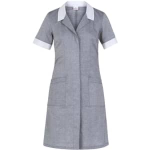 A grey dress with short sleeves and a white collar, featuring two front pockets and a logo.
