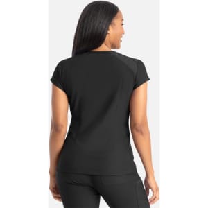 A black banded V-neck top is displayed, featuring short sleeves and a fitted design, shown from the back.