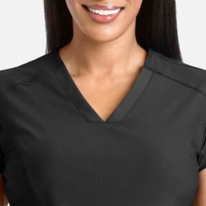 A black banded V-neck top with short sleeves, featuring a branded logo.