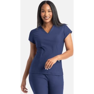 A model wearing a navy blue banded V-neck top, featuring short sleeves and a slim fit. The top has a logo.