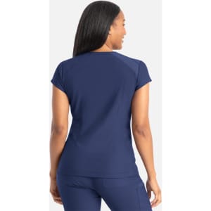 A navy blue banded v-neck top with short sleeves, featuring a fitted silhouette and a simple design.