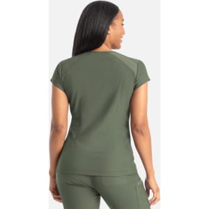 A green banded V-neck top featuring short sleeves, with a fitted design. The back view highlights its sleek silhouette.