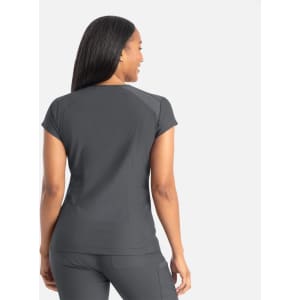 A grey women's top with a banded V-neck design, featuring short sleeves and a snug fit. The back shows a sleek silhouette.