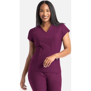 A stylish, short-sleeved banded V-neck top in a rich burgundy colour, featuring a logo on the side.