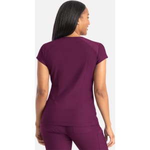 A purple banded V-neck top featuring short sleeves, shown from the back with a smooth finish and fitted design.