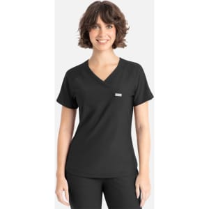 A black V-neck top with short sleeves features a small logo on the chest.