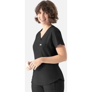 A black Y-neck top with short sleeves and a pocket, featuring a logo on the front.