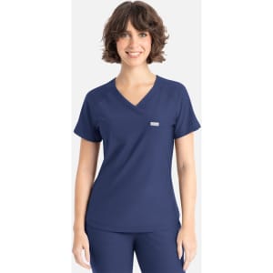 A navy blue Y-neck top with short sleeves and a small logo on the chest.