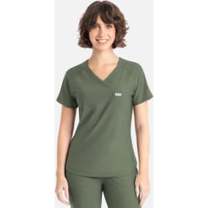 A olive green Y-neck top with short sleeves and a logo on the front.