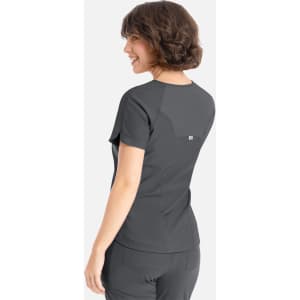 A women's grey t-shirt featuring a Y-neck design and a logo on the back, shown from the back.