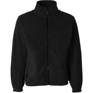 A black full zip micro fleece jacket with a high collar and elastic wrist cuffs, featuring a logo.