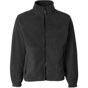 A full zip micro fleece jacket in black, featuring long sleeves and a high collar, with side pockets and branding.