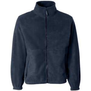 A navy full zip micro fleece jacket with a stand-up collar and zippered pockets. It features a logo on the jacket.