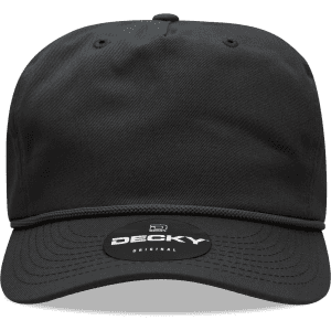 A black 5 panel high profile relaxed cap featuring a logo on the front, with a flat brim and ventilated design.
