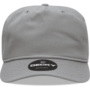 A high-profile relaxed cap in grey, featuring a curved brim and a logo on the front.