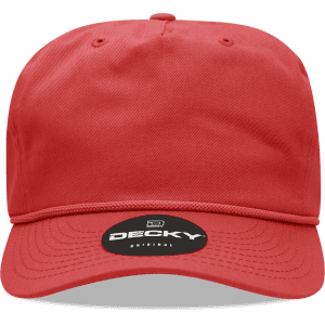A red 5-panel high profile relaxed cap with a branded logo on the front.