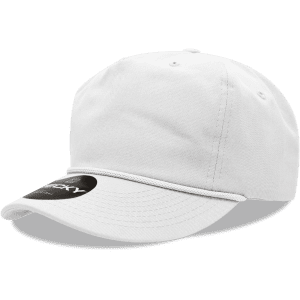 A white 5-panel high profile relaxed cap with a curved brim and a logo on the front.