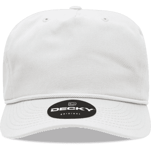 A white 5 Panel High Profile Relaxed Cap featuring a logo on the front and stitching along the visor.
