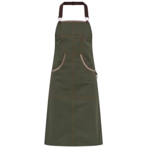 A green Naxos apron featuring a pocket and brown straps, suitable for various work settings.