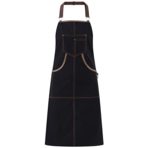 A black apron featuring brown stitching and pockets, designed for workwear. It includes a logo on the front.