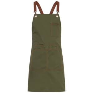 A green apron featuring brown straps and multiple pockets, with a branding logo on it.