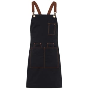 A black apron with brown straps, featuring multiple pockets and a logo.