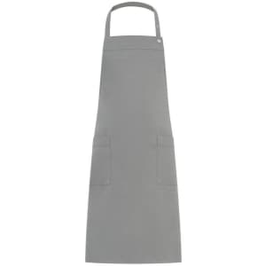 A grey apron featuring a simple design and two front pockets, with a logo on the upper section.