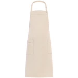 A light beige apron with a solid design and two front pockets. It features a branding logo on the strap.