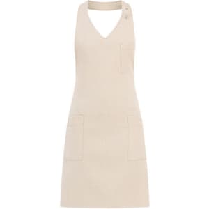 A beige apron featuring a V-neck design, two front pockets, and a logo. Suitable for workwear use.