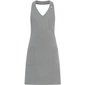 A grey apron with a V-neck design, featuring two front pockets and a button detail at the neck.