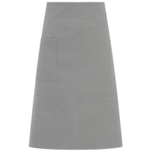 A grey apron with a pocket and a logo, featuring a simple and modern design.