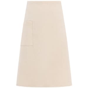 A beige apron featuring a pocket and a logo, designed for workwear purposes.