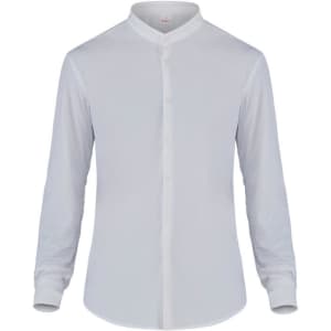 A white button-up shirt with long sleeves and a Mandarin collar, featuring a subtle logo.