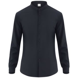 A button-up shirt in dark navy with a collarless design and long sleeves. It features a logo on the tag.