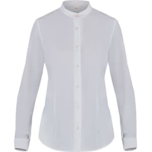 A white button-up shirt with long sleeves and a mandarin collar, featuring a subtle logo.