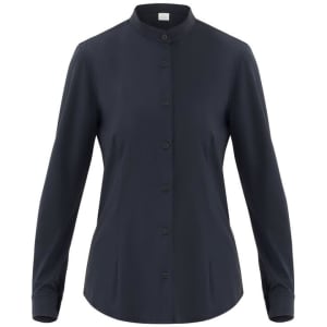 A dark navy button-up shirt featuring a collar and long sleeves, with a branding logo.