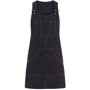 A black pinafore dress featuring multiple pockets and stitching details, with a logo present.