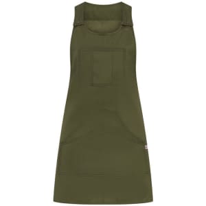 An olive green pinafore dress featuring a front pocket and a simple design, with shoulder straps and a branding logo.