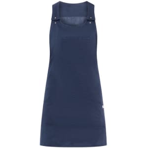 A navy Zonda Pinafore dress with a minimalist design and branded logo. Adjustable straps are included.