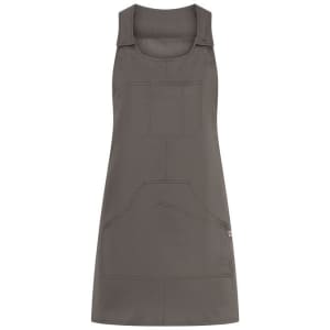 A grey Zonda Pinafore dress featuring adjustable straps and front pockets, with a branding logo.