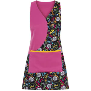 A pink apron featuring a colourful design with various patterns and a front pocket. It has a logo on it.