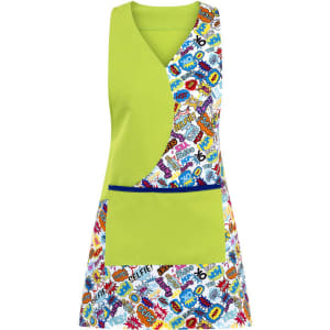 A lime green apron with a colourful patterned side featuring various graphic designs and a front pocket.
