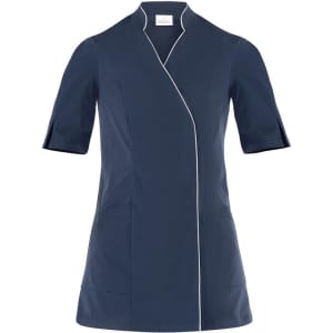 A navy blue tunic with short sleeves and white piping, featuring a logo. Suitable for uniforms.