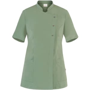 A green tunic with short sleeves, featuring a buttoned front and side pockets. It has a logo on the chest.