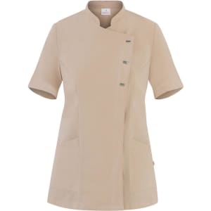 A beige tunic with short sleeves, featuring a front button closure and two pockets. It has branding elements.