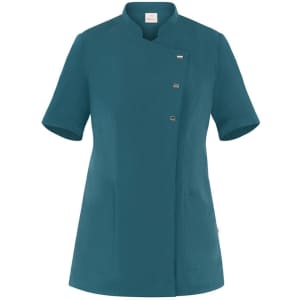 A teal tunic with short sleeves and a high collar, featuring three buttons and two pockets.